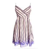 Striped satin dress with roses grey M